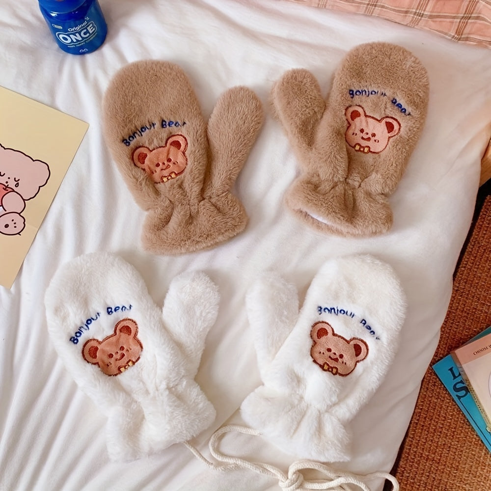 Cozycraft, Cozy Fleece-Lined Winter Gloves with Cute Bear Design - Windproof, Warm Mittens for Outdoor Activities, Non-Slip Touchscreen Compatible, Winter Accessories